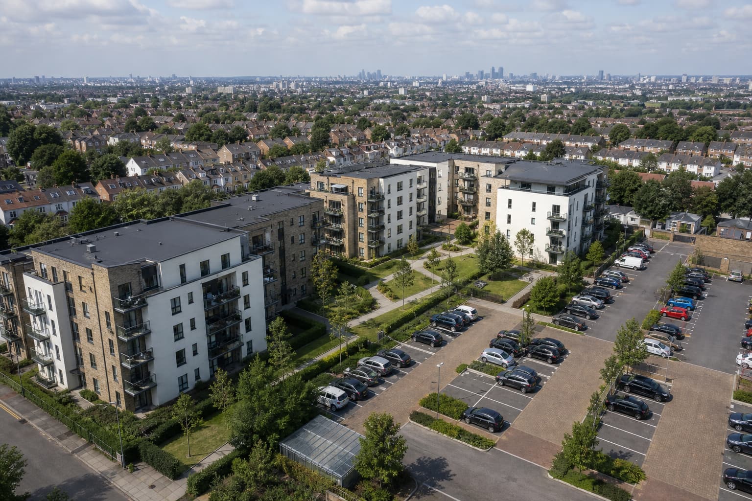 Luftaufnahme moderner Wohnblocks mit Balkonen, die von einer auf Parkraummanagement spezialisierten Wohnungsgesellschaft verwaltet werden, umgeben von Grünflächen und einem großen, mit Autos gefüllten Parkplatz, in einem Vorortgebiet mit der Skyline der Stadt im Hintergrund. - Sevoria Parking