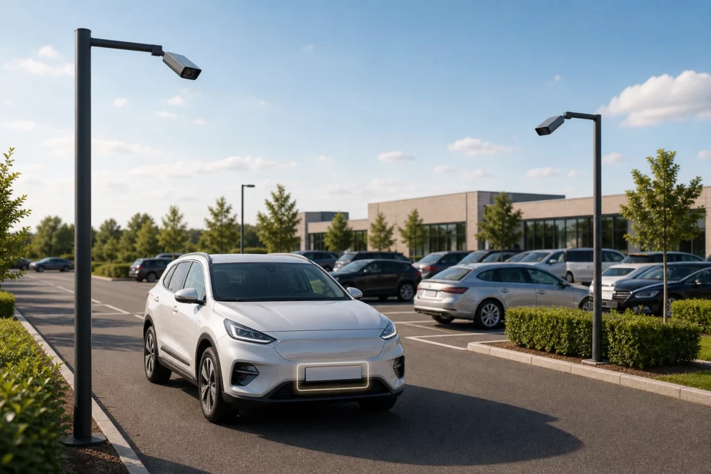 Ein silberner SUV steht auf einem fast leeren Parkplatz mit modernen Straßenlaternen, begrünten Flächen und einem Gebäude mit großen Fenstern im Hintergrund unter blauem Himmel und veranschaulicht so den Komfort des schrankenlosen Parkens dank der fortschrittlichen ANPR-Free-Flow-Funktionsweise. - Sevoria Parking