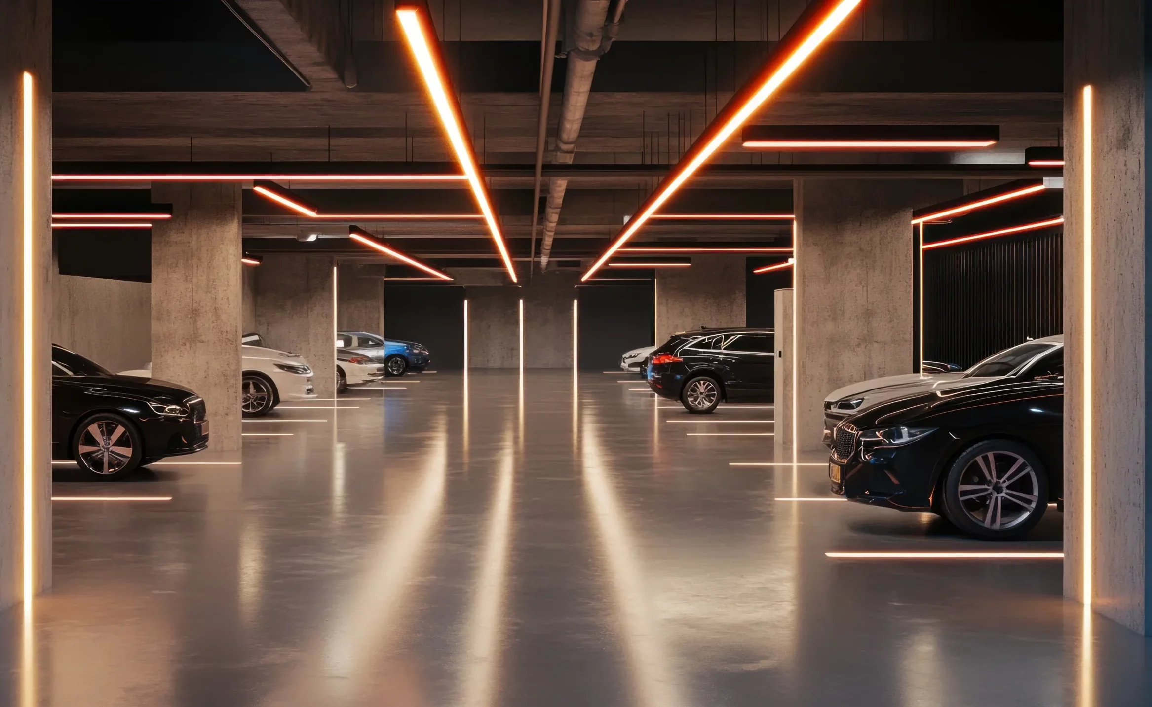 A modern, spacious underground parking garage with polished floors, multiple cars parked on both sides, and orange linear LED lights illuminating the ceiling and columns offers parkraummanagement solutions for efficient and organized use of the available space. - Sevoria Parking