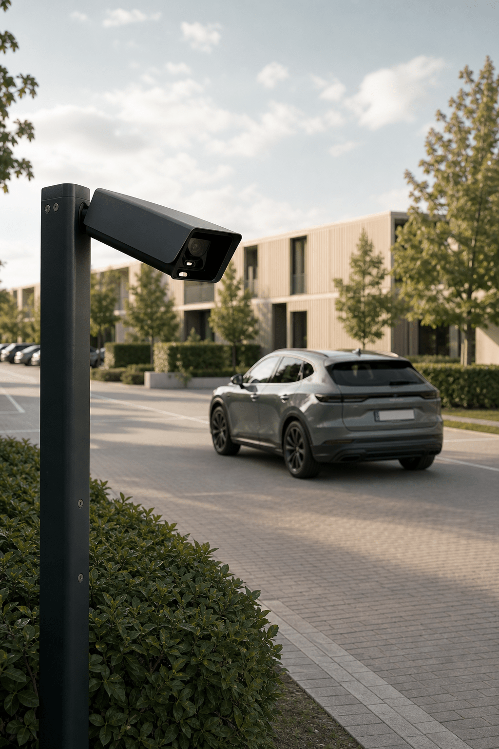 Eine mit ANPR ausgestattete Überwachungskamera an einem Mast überblickt eine Straße, auf der an einem sonnigen Tag ein graues Auto an modernen Wohngebäuden und Grünflächen vorbeifährt, und sorgt so für eine effektive Parkraumüberwachung in diesem Bereich. - Sevoria Parking