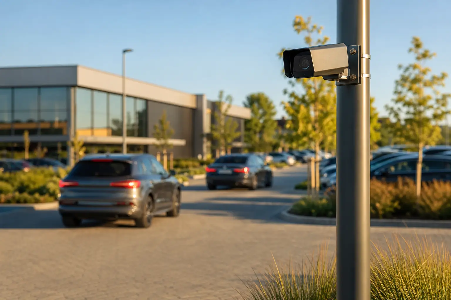 Eine Überwachungskamera an einem Mast beobachtet an einem sonnigen Tag die Autos, die über einen Parkplatz vor einem modernen Gebäude fahren. - Sevoria Parking