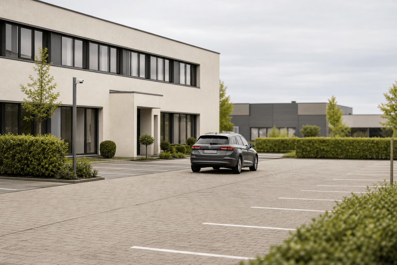 Ein schwarzer SUV steht in der Nähe eines modernen Bürogebäudes, umgeben von gepflegten Sträuchern und Bäumen. Der Parkplatz ist größtenteils leer und wird vermutlich von Parkraumüberwachungssystemen überwacht; im Hintergrund sind unter einem bewölkten Himmel weitere Gebäude zu sehen. - Sevoria Parking