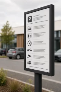 Auf einem Parkplatzschild sind Symbole für Parken, Autos, Parkverbot, Videoüberwachung und Personen zu sehen, wobei der Text unscharf ist. Im Hintergrund sind Autos und ein Gebäude zu erkennen. Es geht um Parkraumbewirtschaftung. - Sevoria Parking