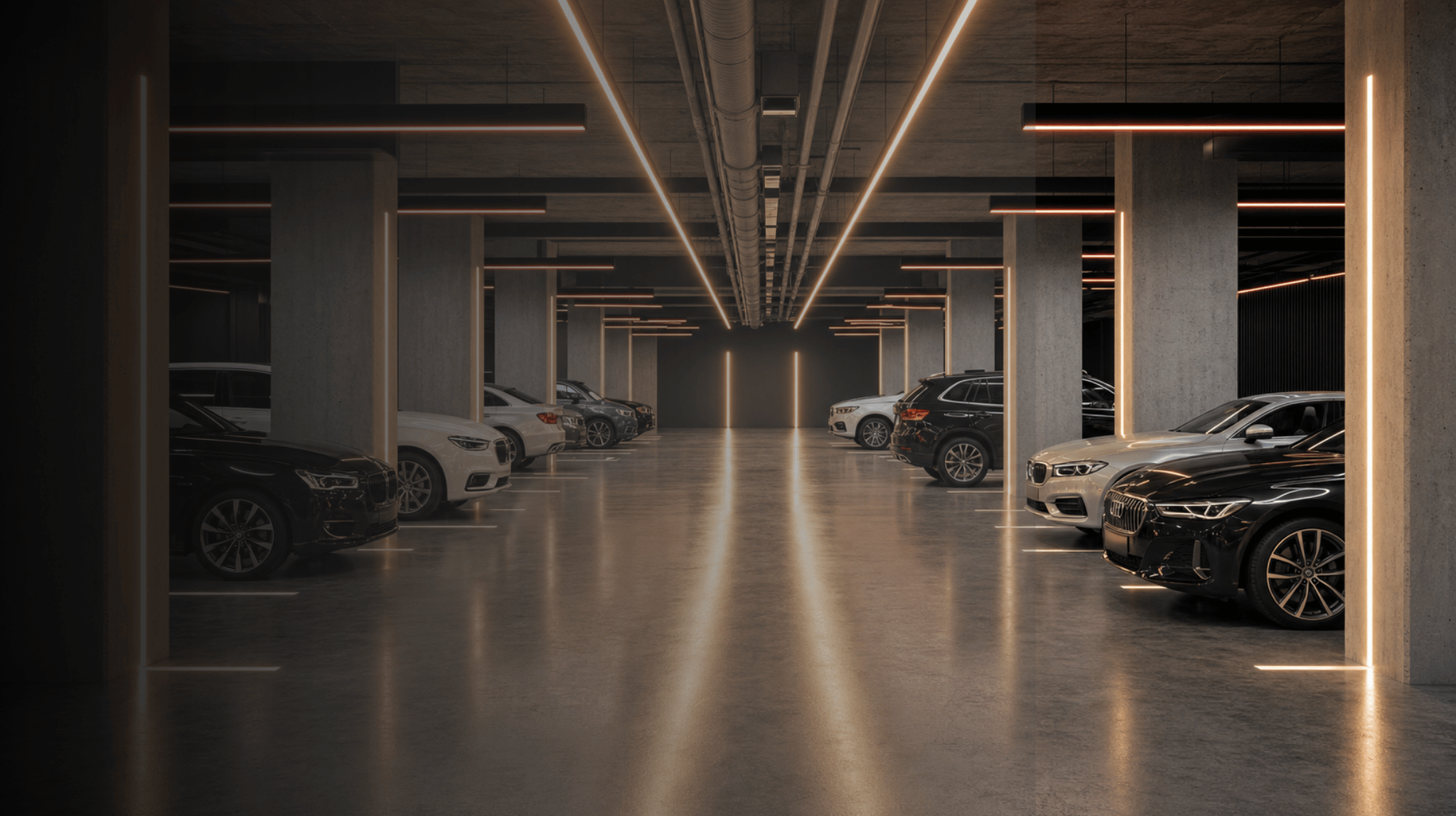 Eine moderne Tiefgarage mit auf beiden Seiten geparkten Autos, beleuchtet von eleganten linearen Deckenleuchten, mit Betonpfeilern und einem polierten Boden, der das Licht reflektiert – ideal für ein effektives Parkraummanagement in Wohnanlagen und ausgestattet mit einer ANPR-Kontrolle für mehr Sicherheit in hochwertigen Wohnimmobilien. - Sevoria Parking
