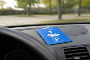 Eine blaue Parkscheibe mit der angezeigten Uhrzeit liegt auf dem Armaturenbrett eines Autos und verdeutlicht die Bedeutung der Parkraumüberwachung. Das Fahrzeug ist geparkt, und im Hintergrund sind durch die Windschutzscheibe Bäume zu sehen. - Sevoria Parking