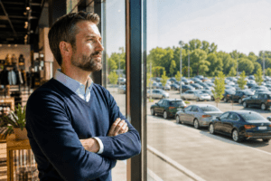 Ein bärtiger Mann steht drinnen an einem großen Fenster, die Arme verschränkt, und blickt nachdenklich hinaus auf einen sonnigen Parkplatz voller Autos, hinter dem sich Bäume erheben. Vielleicht denkt er gerade über die „Frequenz der Stellplätze“ nach oder darüber, wie sich „Fremdparker“ auf die Gegend auswirken könnten. - Sevoria Parking