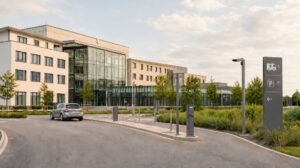 Ein modernes Krankenhausgebäude mit großen Glasfenstern, ein Auto, das sich dem Eingang nähert, eine begrünte Außenanlage und ein Parkschild mit Hinweisen zum barrierefreien Parken und bequemen Umsteigen. - Sevoria Parking