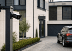 Eine an einem Pfosten befestigte Überwachungskamera überblickt die Einfahrt eines modernen Hauses und sorgt für eine effektive Parkplatzüberwachung, während ein schwarzer SUV in der Nähe der Garage geparkt ist und begrünte Beete den Gehweg säumen. - Sevoria Parking