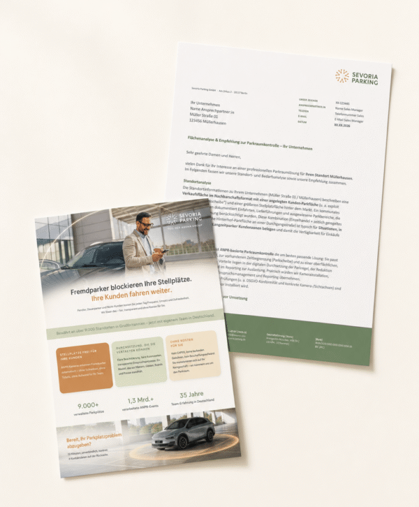 Zwei Dokumente auf einem hellen Untergrund: ein Geschäftsbrief mit einem Logo oben rechts und darunter ein Flyer, auf dem ein Mann zu sehen ist, der in der Nähe eines Autos sein Handy benutzt, sowie Diagramme und Text zu Parkraummanagement-Dienstleistungen, einschließlich Informationen zur Flächenanalyse. - Sevoria Parking