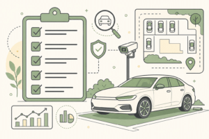 Illustration eines geparkten Autos, umgeben von Symbolen: Checkliste, Überwachungskamera, Schutzschild, Lupe, Parkplatzplan, Diagramme und Standortmarkierung, die für Parkplatzbewirtschaftung und Betreiberpraxis im Bereich der Fahrzeugsicherheit stehen. - Sevoria Parking